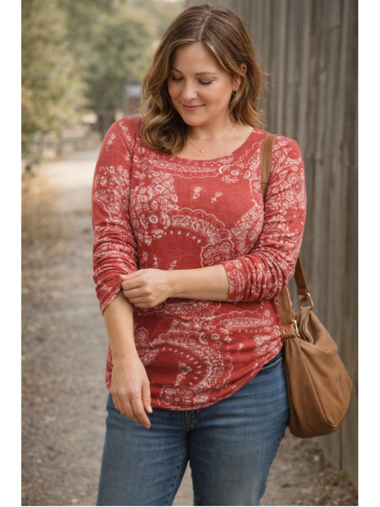 Lucky Brand Tops - Lucky Brand XL Waffle Knit Paisley Long Sleeve Top Red Boho Casual Relaxed Fit